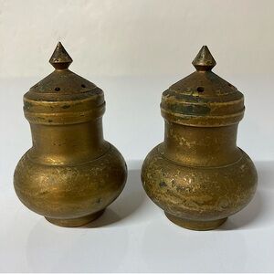 Vintage MCM Solid Brass Salt and Pepper Shakers Lined Screw on Lids Patina Opt